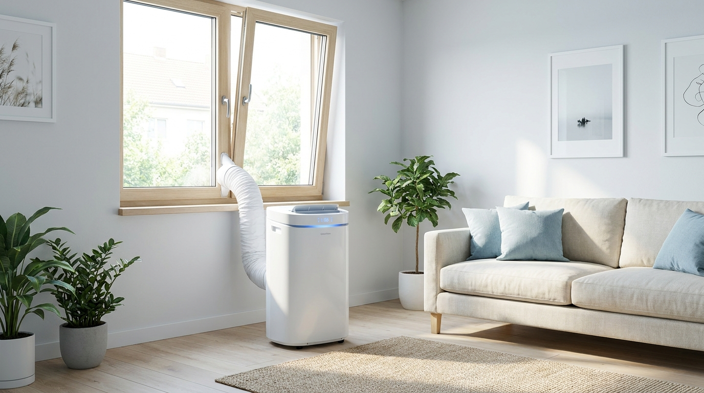 Portable air conditioner in a bright modern living room with exhaust hose to the window