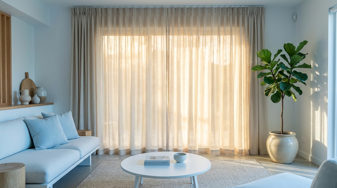 Cool shaded living room with closed curtains during a summer heatwave