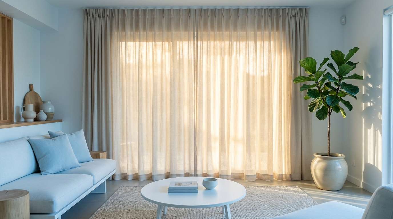 Cool shaded living room with closed curtains during a summer heatwave
