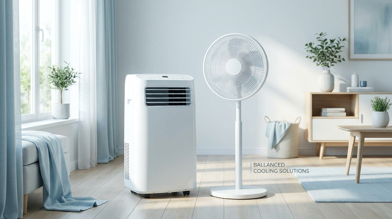 Portable air conditioner and pedestal fan side by side in a bright living room