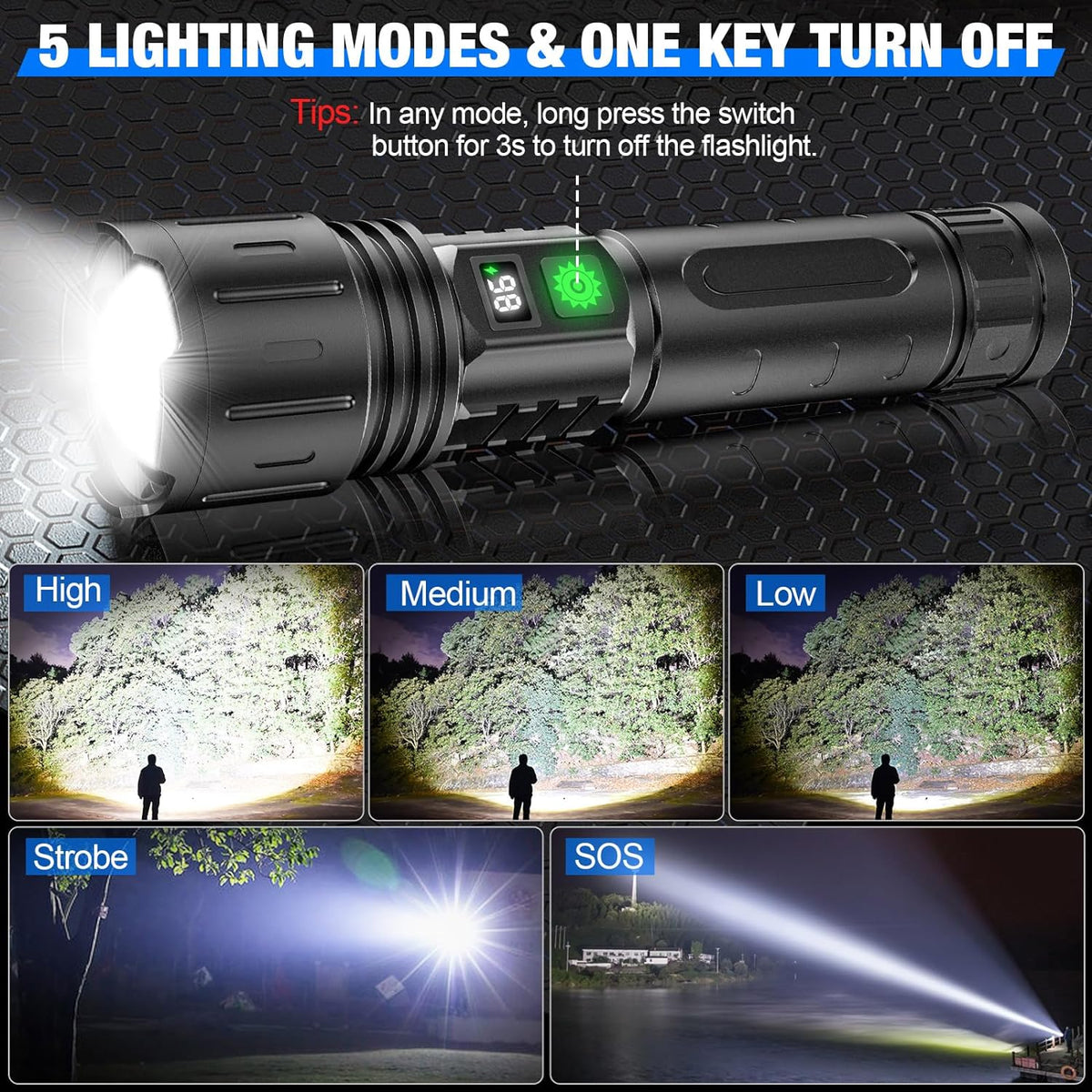 100,000 Lumen Tactical Flashlight — Power Bank & LCD Display 3