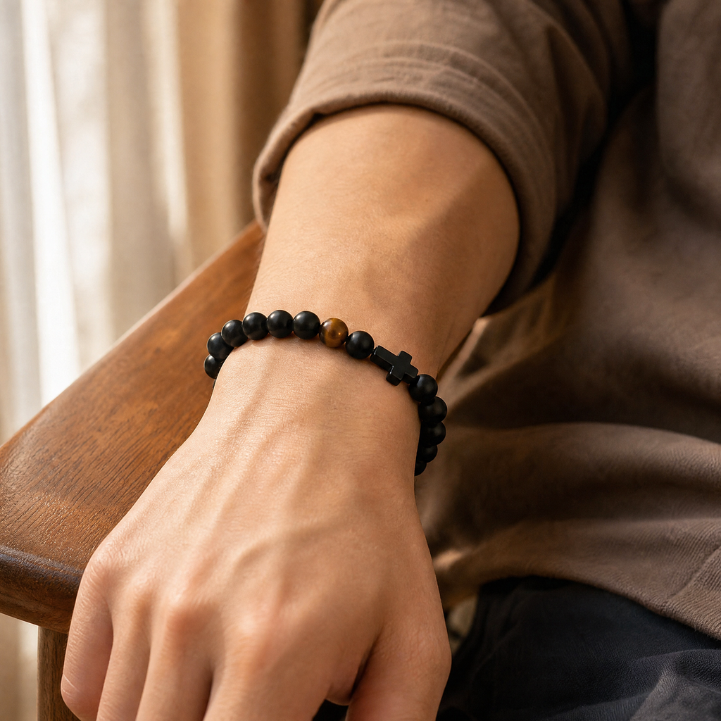 Gift for Dad — Black Bead & Cross Bracelet, One Size 2