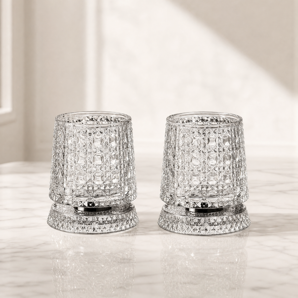 Whiskey Glass Set of 2 — 360° Rotating Diamond Cut Tumbler 12