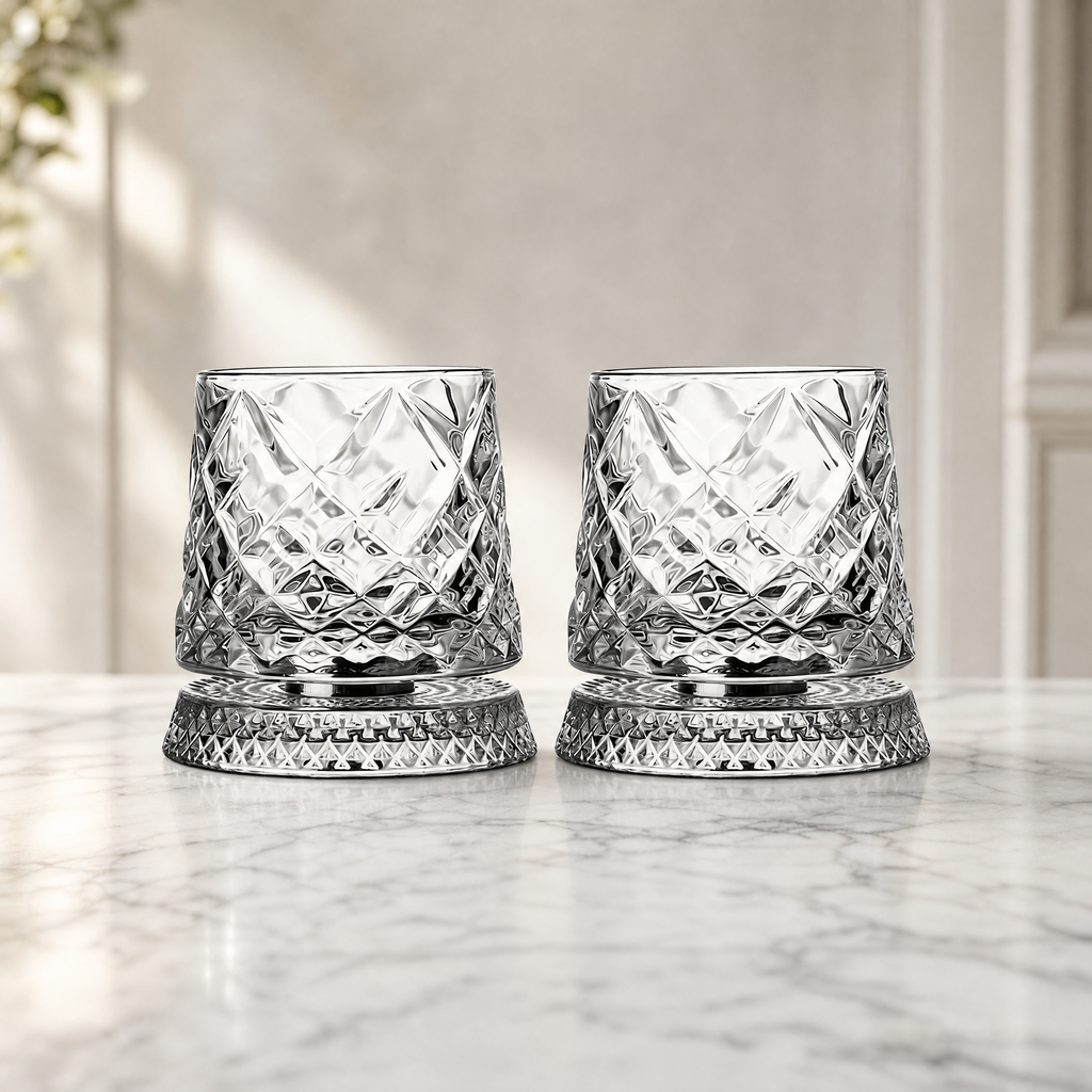 Whiskey Glass Set of 2 — 360° Rotating Diamond Cut Tumbler 6