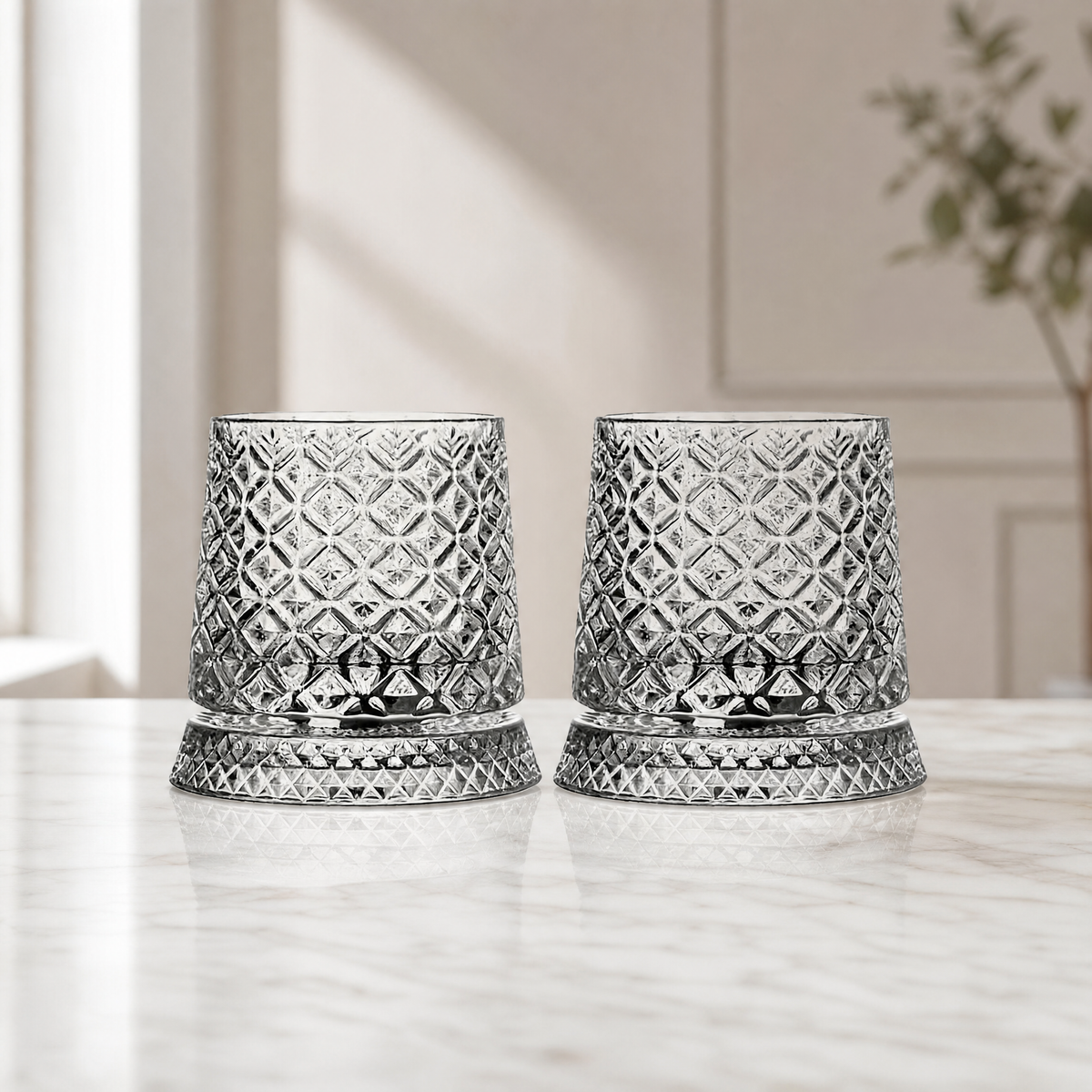 Whiskey Glass Set of 2 — 360° Rotating Diamond Cut Tumbler 7