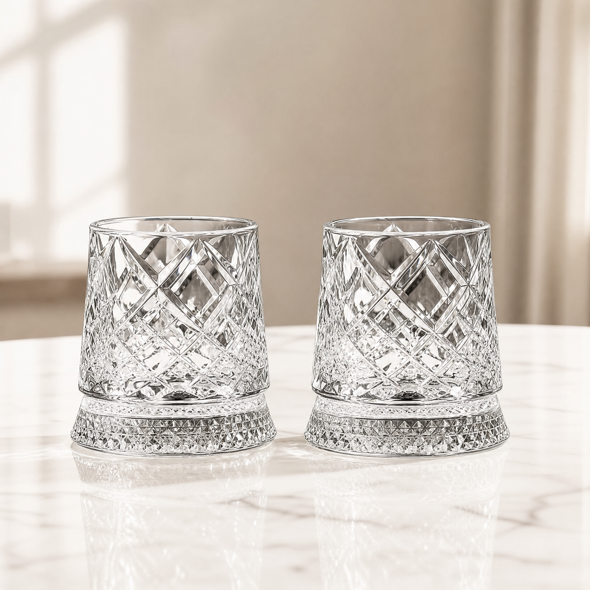 Whiskey Glass Set of 2 — 360° Rotating Diamond Cut Tumbler 8