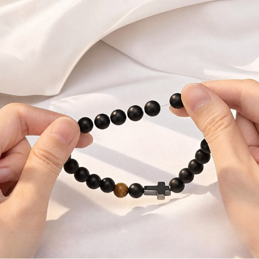Gift for Dad — Black Bead & Cross Bracelet, One Size 4