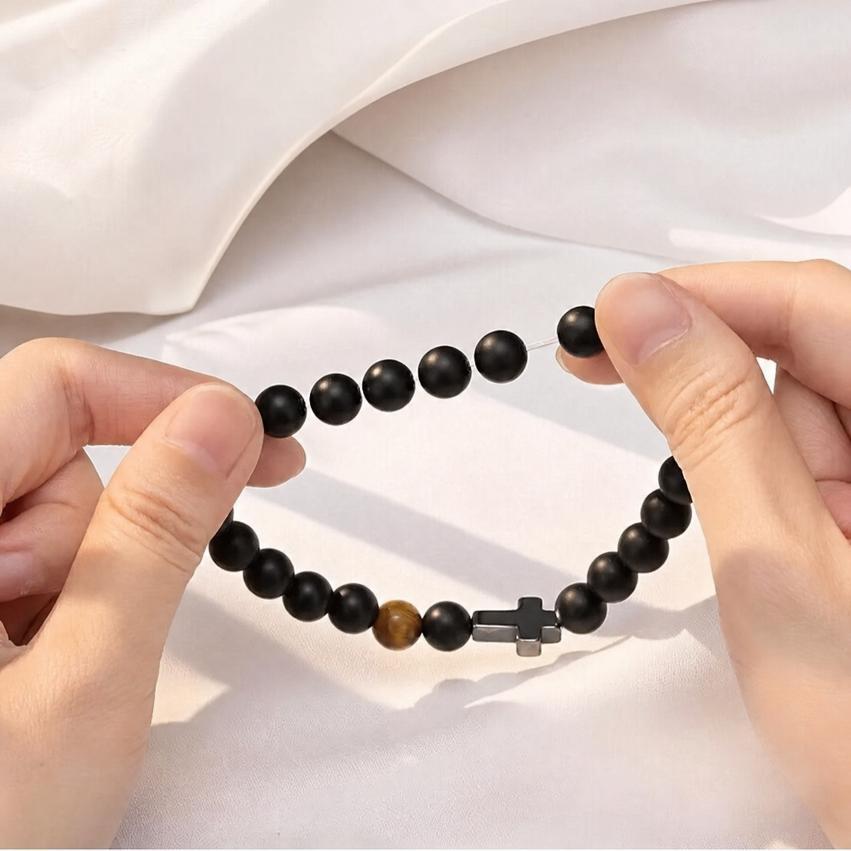 Gift for Dad — Black Bead & Cross Bracelet, One Size 4