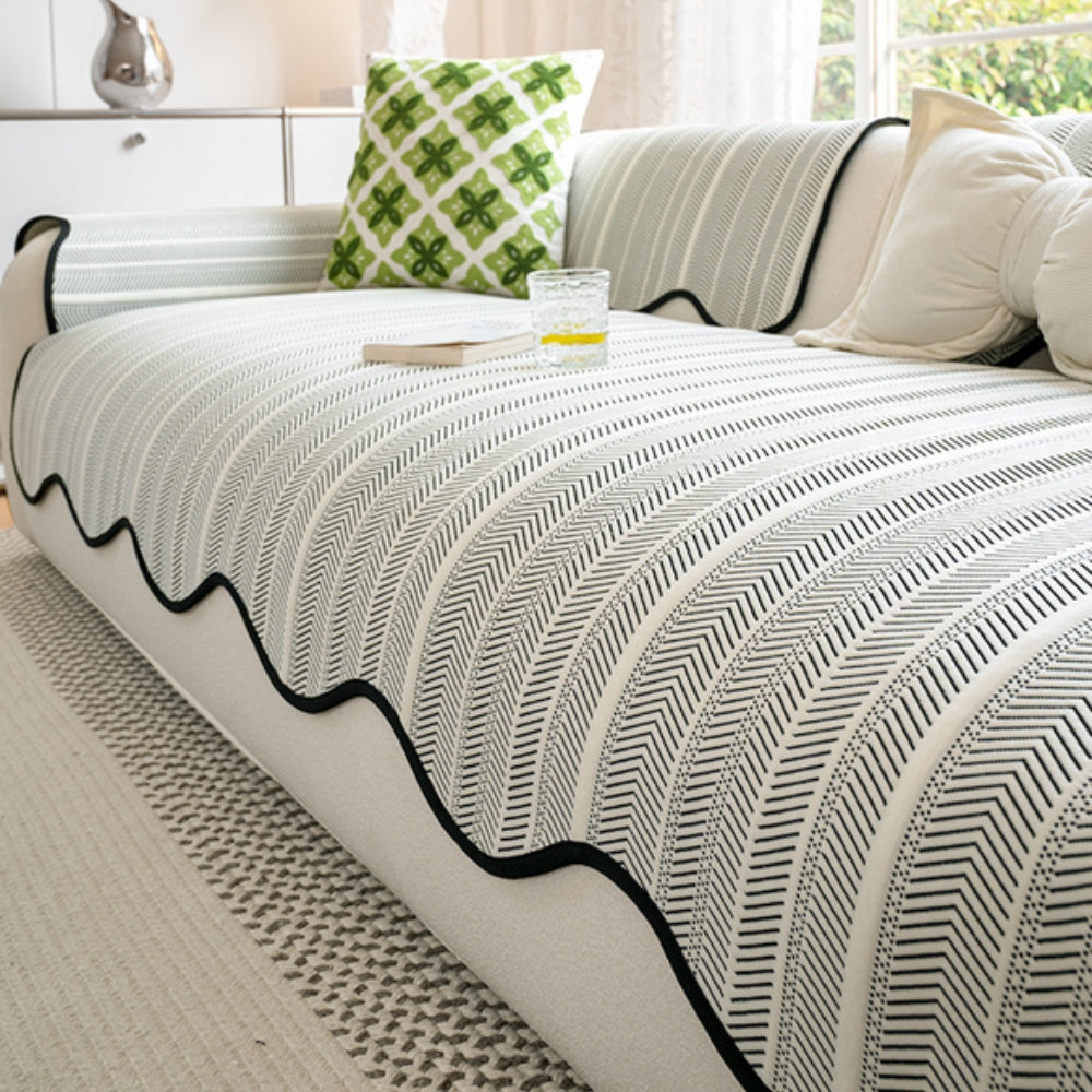 Herringbone Sofa Cover Scallop Edge — Microfiber Couch Protector 2