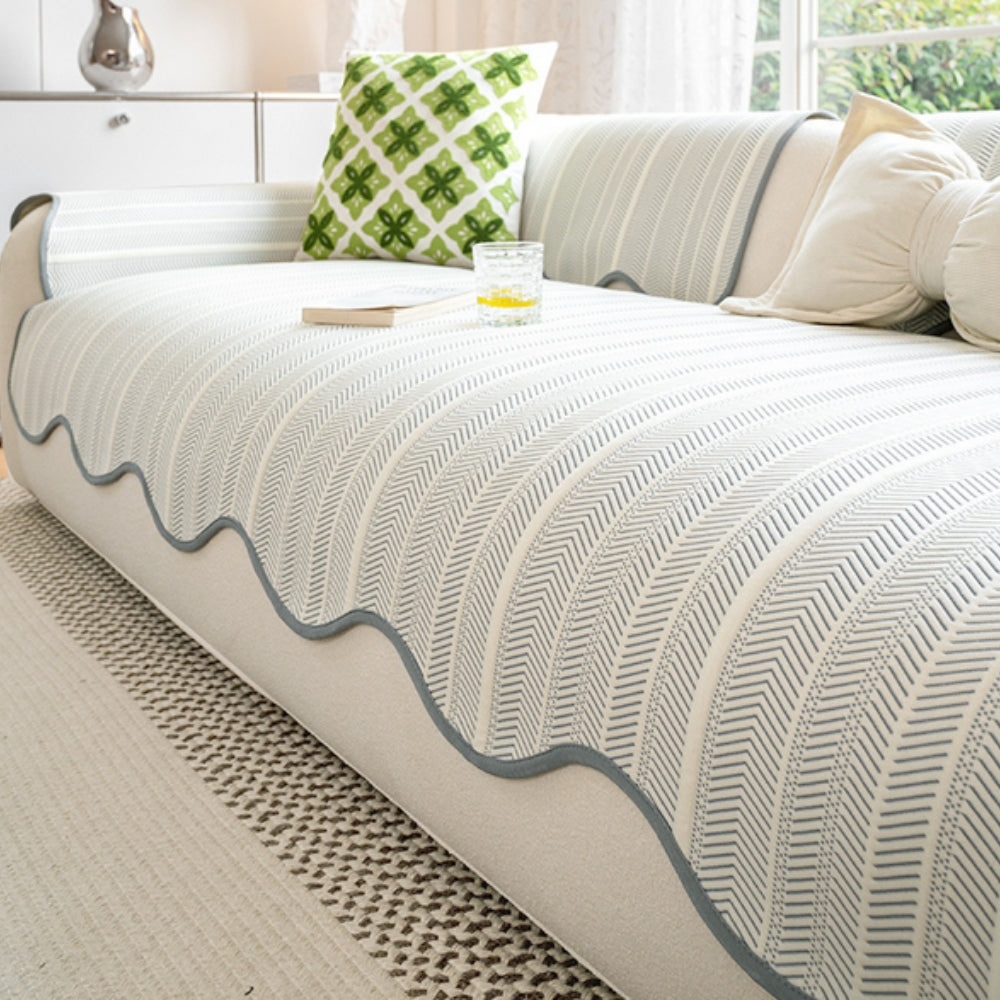 Herringbone Sofa Cover Scallop Edge — Microfiber Couch Protector 3