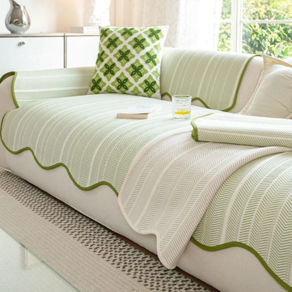 Herringbone Sofa Cover Scallop Edge — Microfiber Couch Protector 5