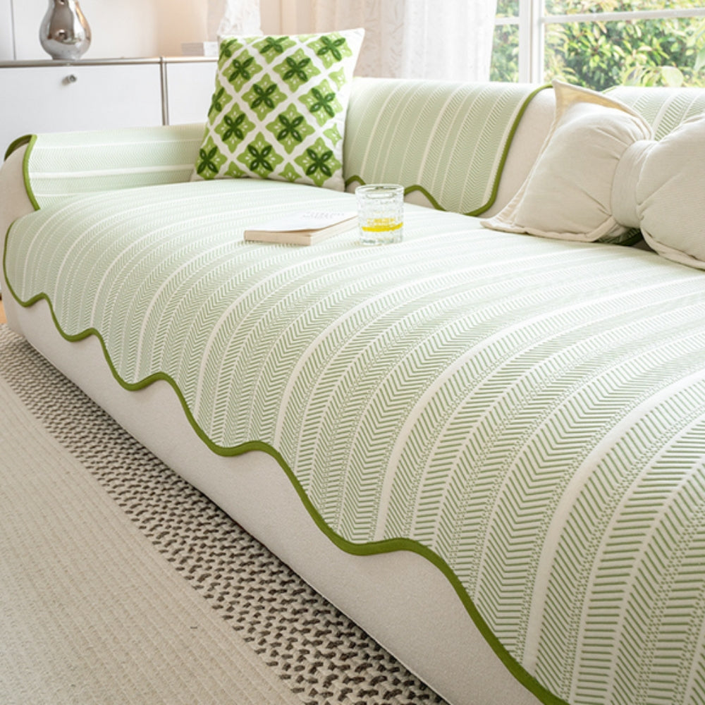 Herringbone Sofa Cover Scallop Edge — Microfiber Couch Protector 1
