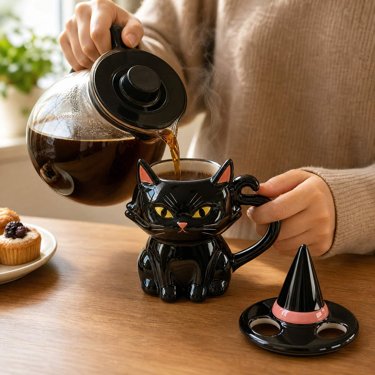 Black Cat Ceramic Mug with Witch Hat Lid — 11.8 fl oz 2