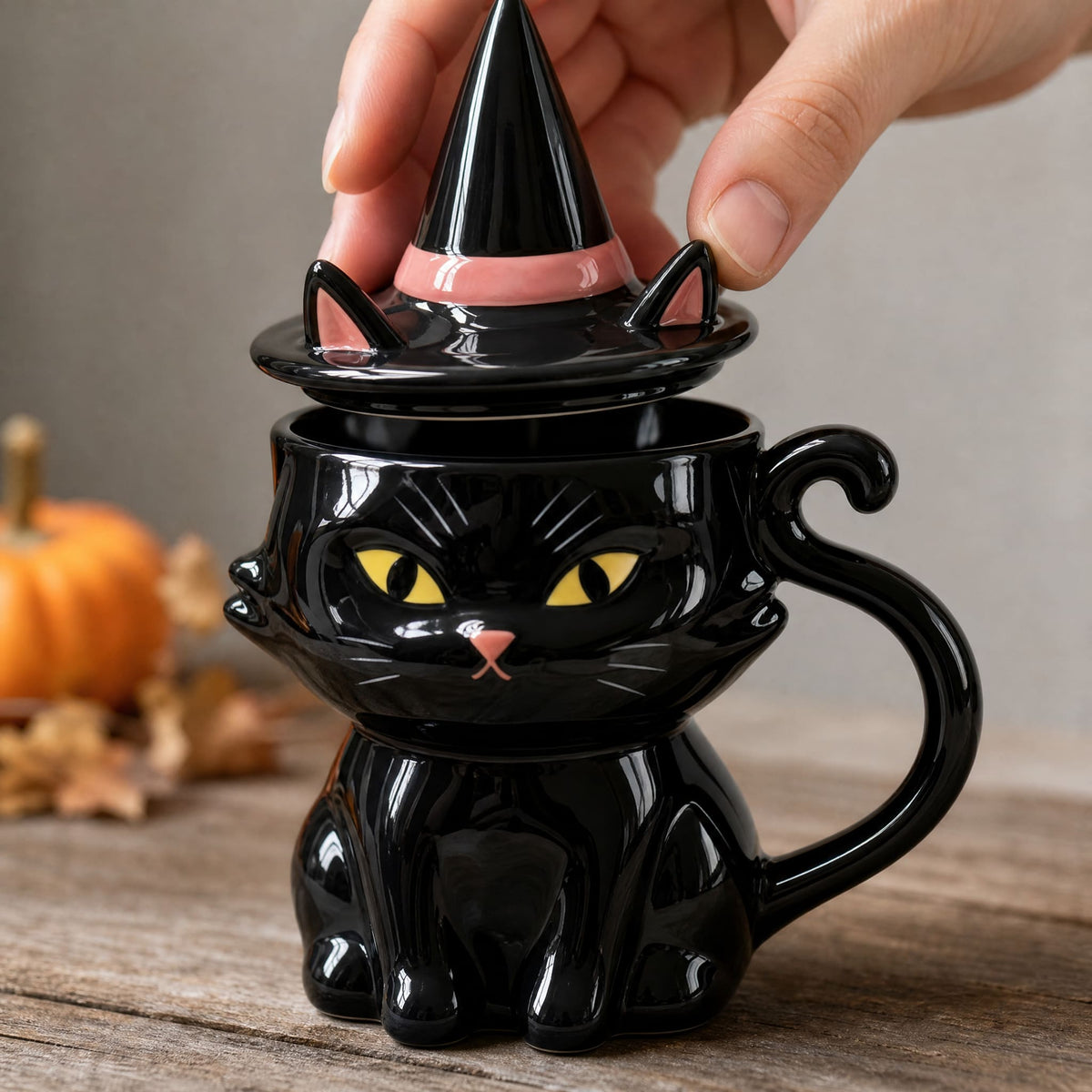Black Cat Ceramic Mug with Witch Hat Lid — 11.8 fl oz 3