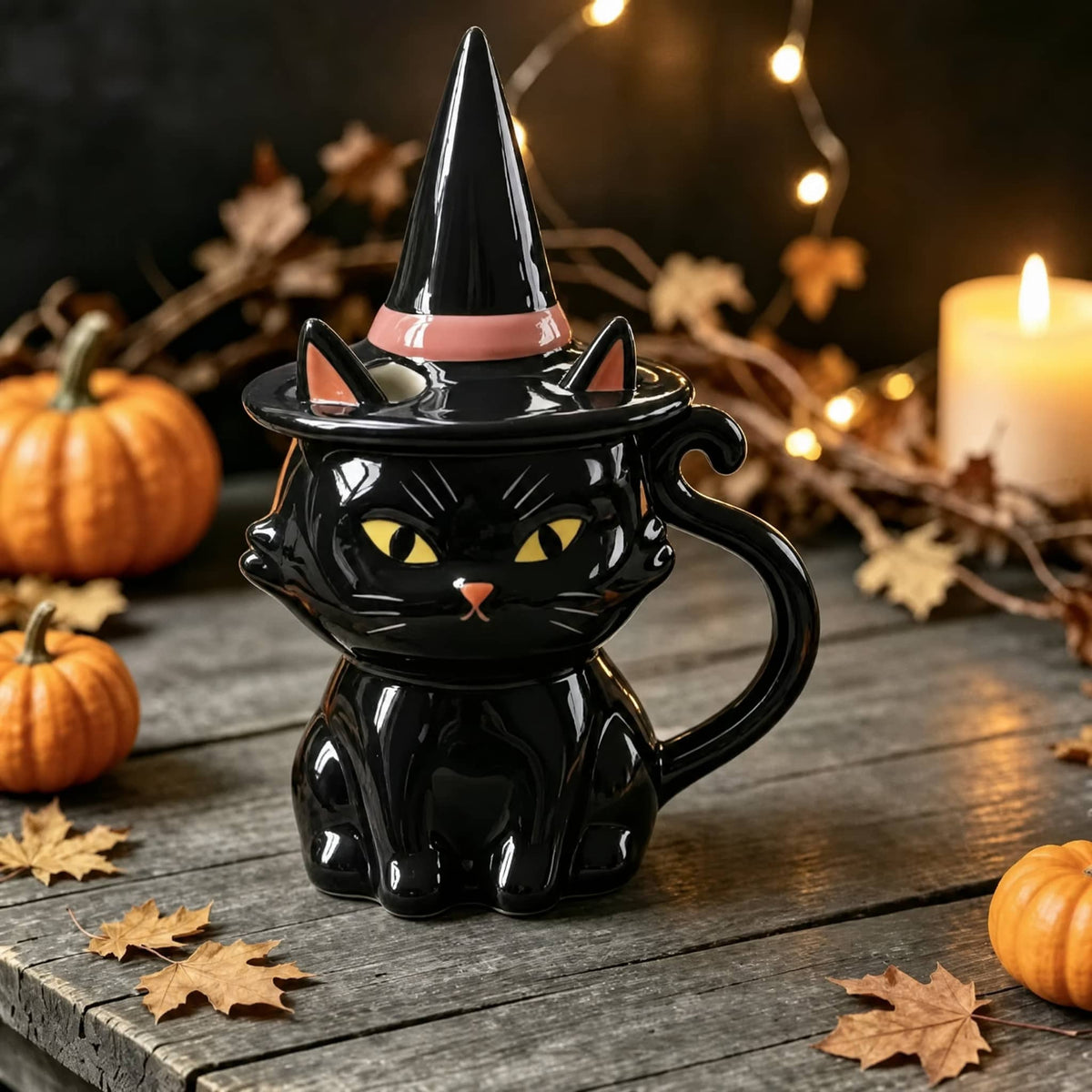 Black Cat Ceramic Mug with Witch Hat Lid — 11.8 fl oz 5