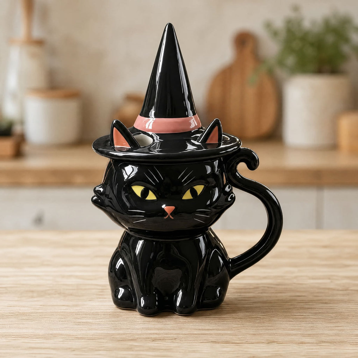 Black Cat Ceramic Mug with Witch Hat Lid — 11.8 fl oz 1