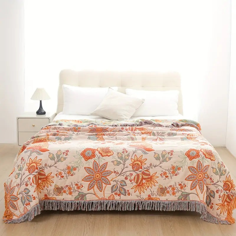 Boho Floral Cotton Blanket with Fringe — 100% Cotton Throw 5