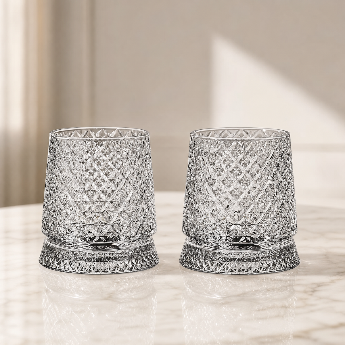 Whiskey Glass Set of 2 — 360° Rotating Diamond Cut Tumbler 10