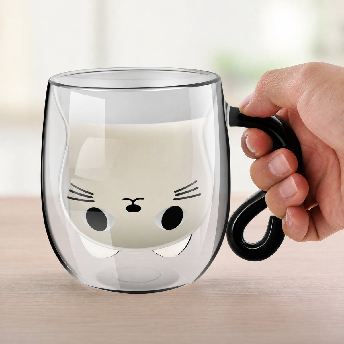Double Wall Cat Glass Mug — Hidden Face & Tail Handle 3