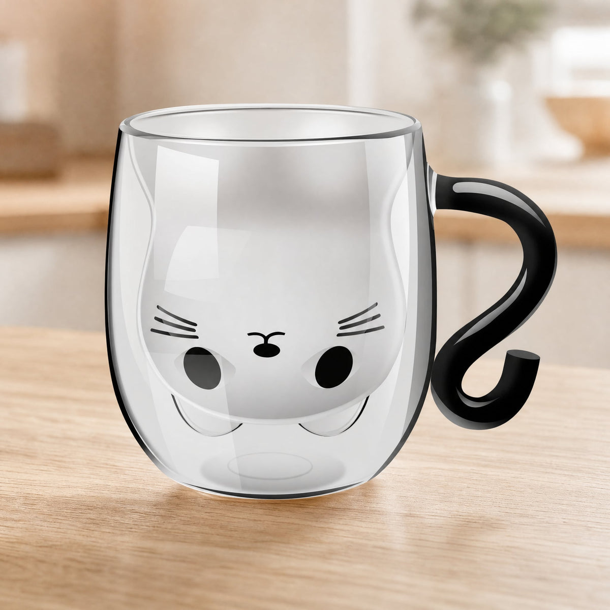 Double Wall Cat Glass Mug — Hidden Face & Tail Handle 1