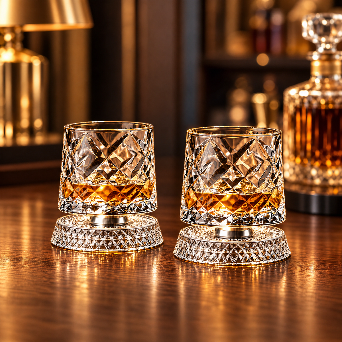 Whiskey Glass Set of 2 — 360° Rotating Diamond Cut Tumbler 1