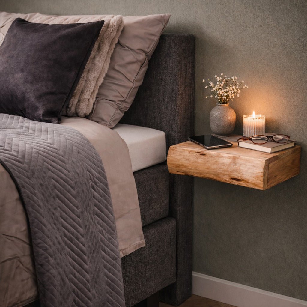 Floating Acacia Wood Nightstands — Wall-Mounted Set of 2 3
