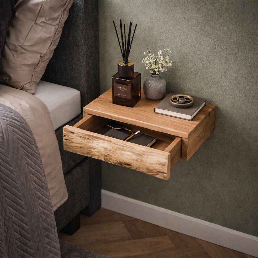 Floating Acacia Wood Nightstands — Wall-Mounted Set of 2 5