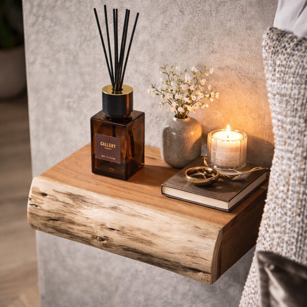 Floating Acacia Wood Nightstands — Wall-Mounted Set of 2 1