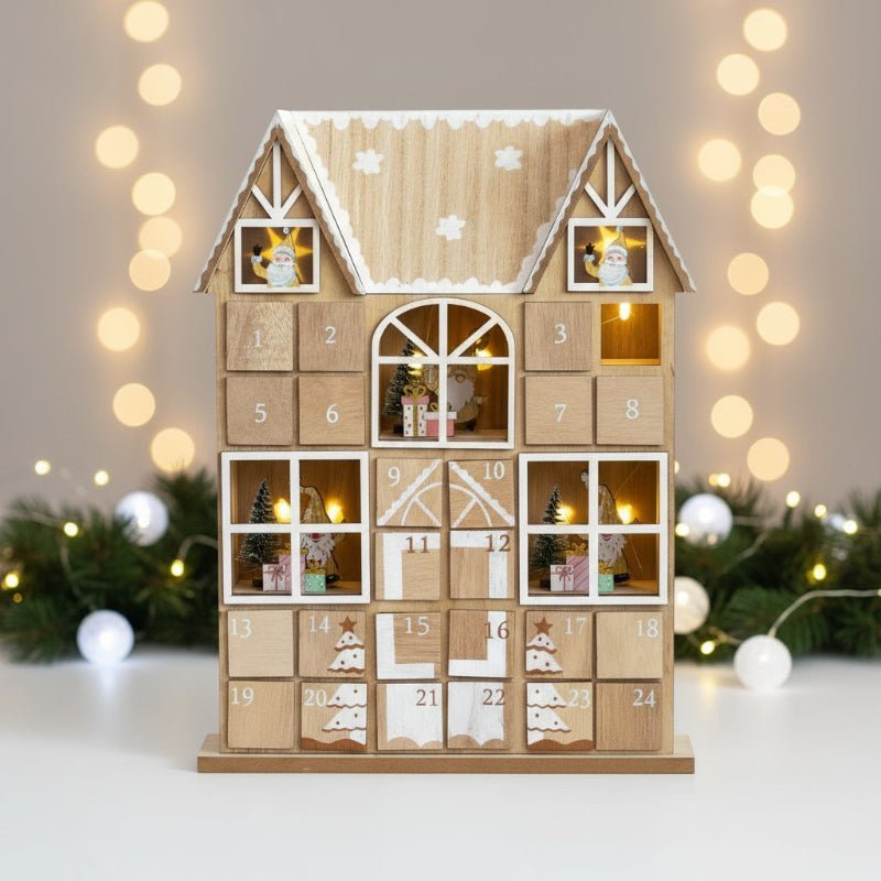 Illuminated Wooden House Advent Calendar — 24 LED Doors 1