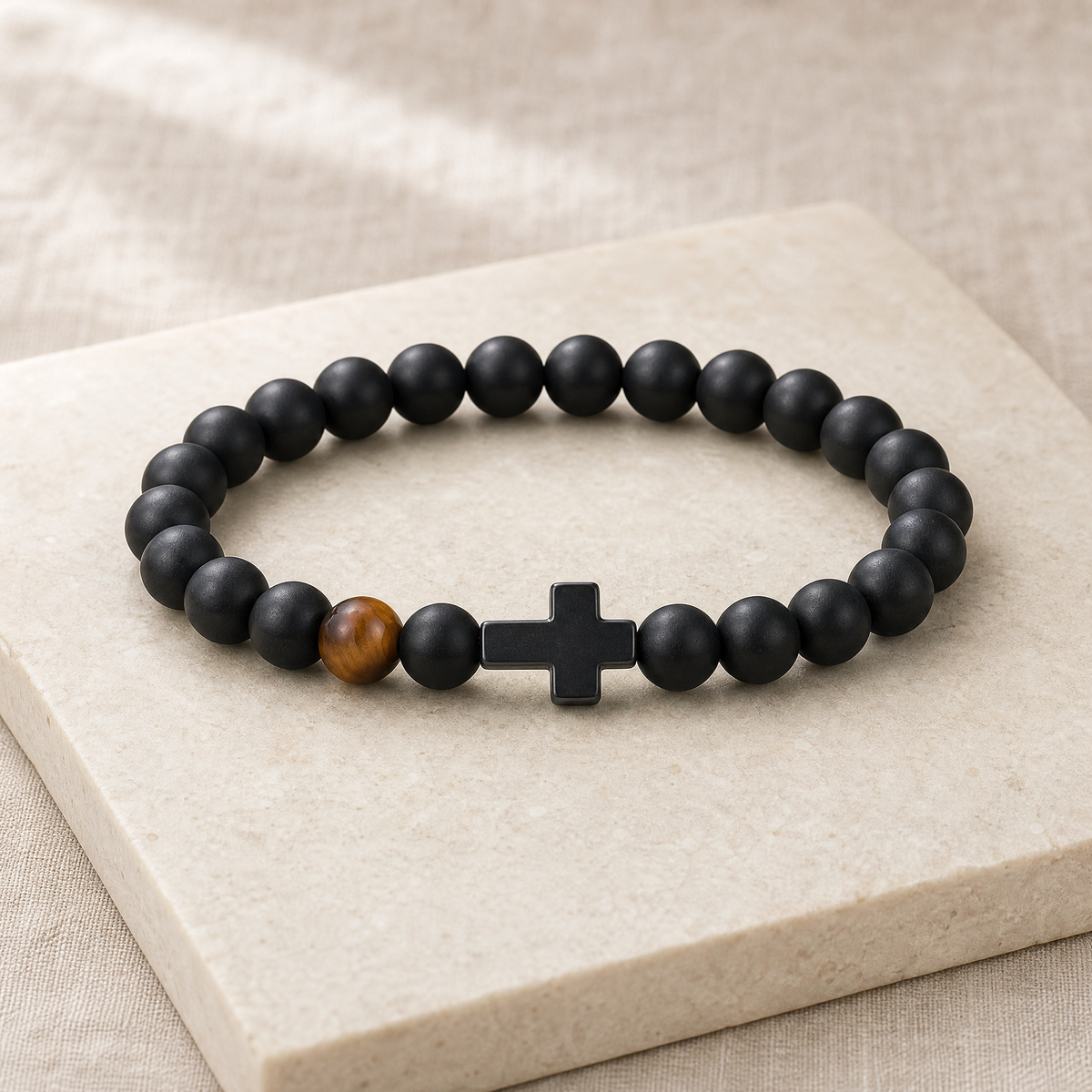 Gift for Dad — Black Bead & Cross Bracelet, One Size 10