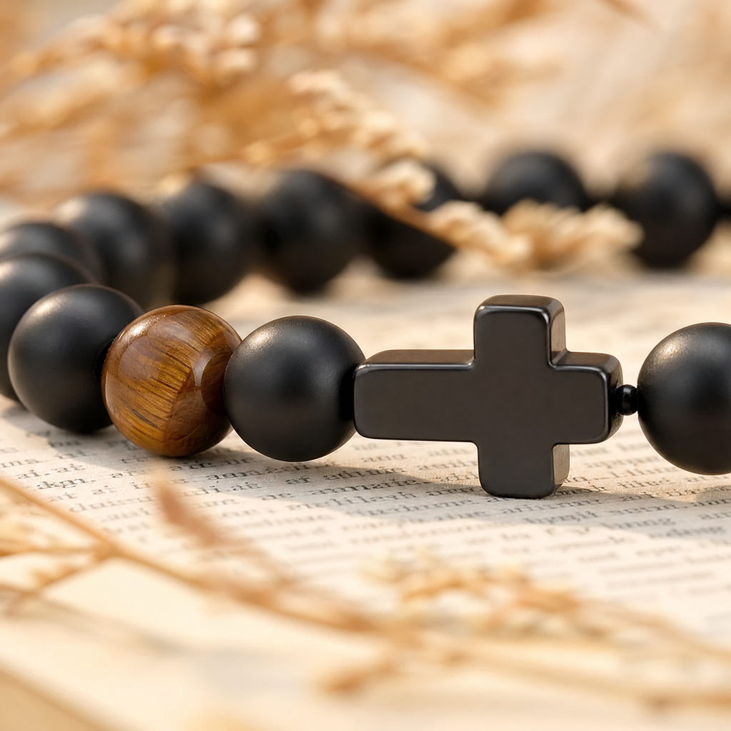 Gift for Dad — Black Bead & Cross Bracelet, One Size 5