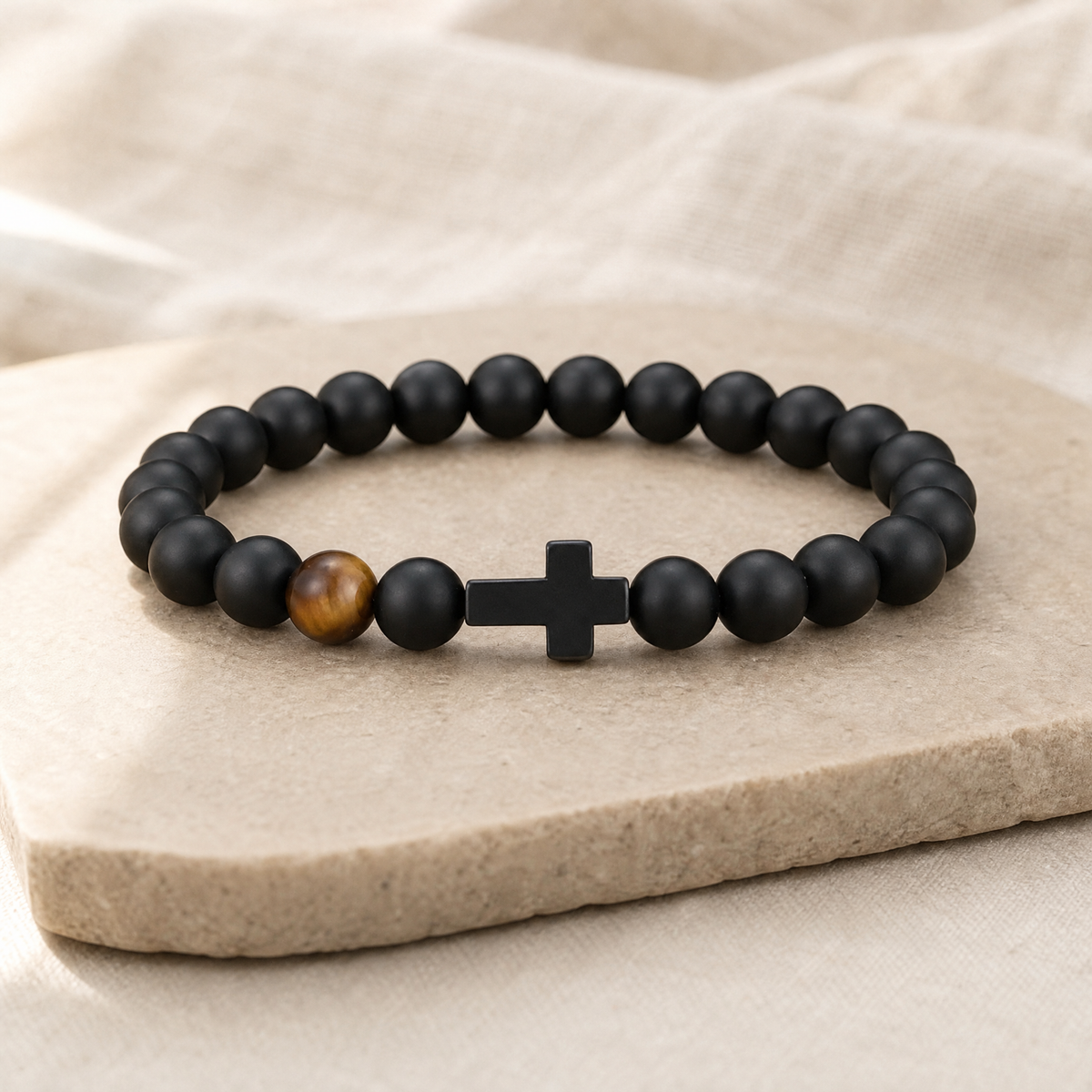Gift for Dad — Black Bead & Cross Bracelet, One Size 7
