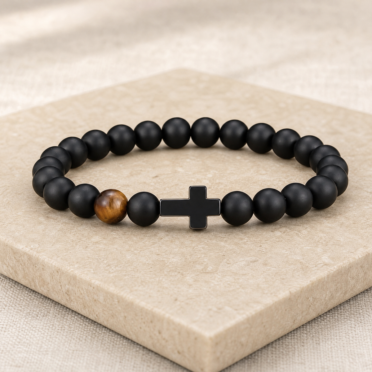 Gift for Dad — Black Bead & Cross Bracelet, One Size 8