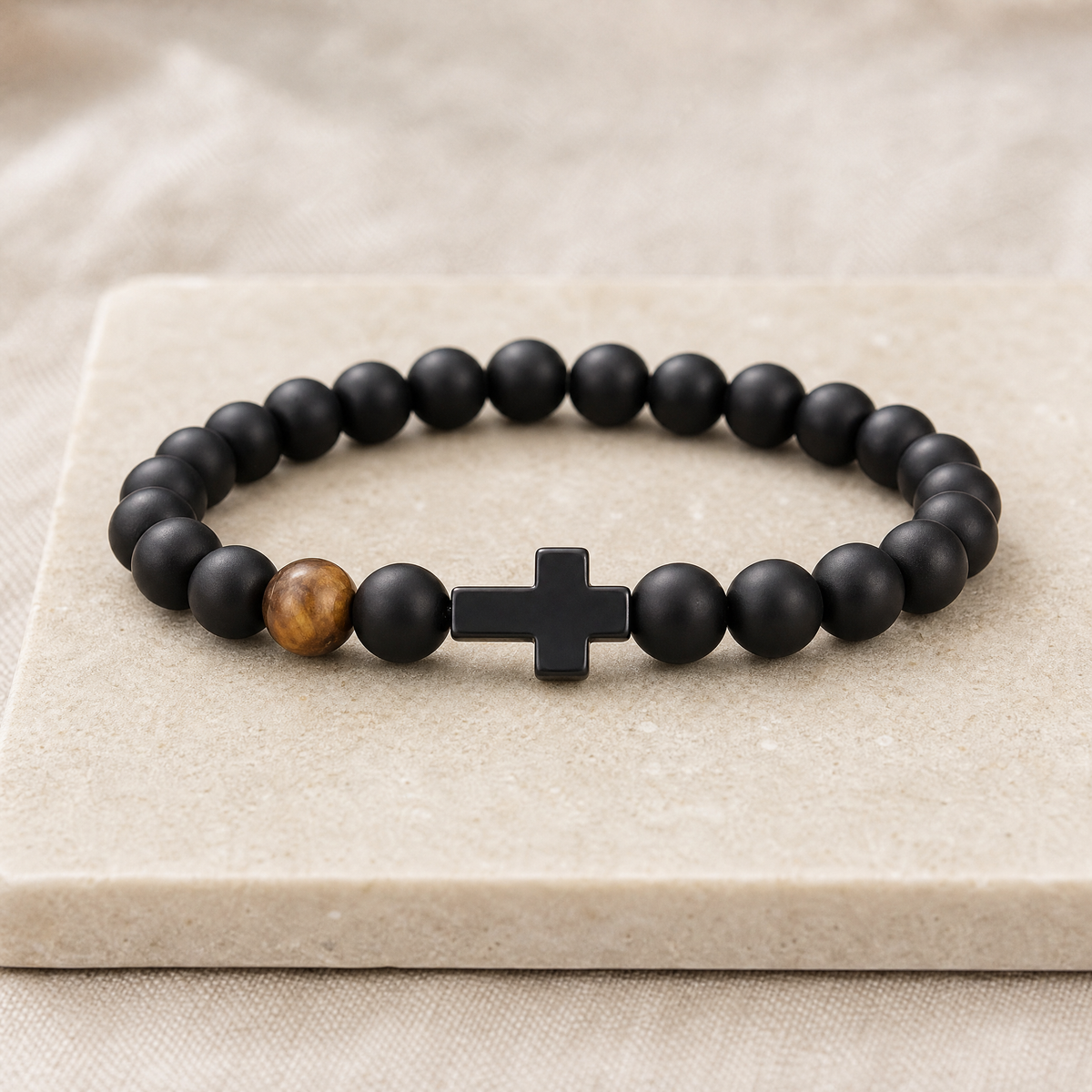 Gift for Dad — Black Bead & Cross Bracelet, One Size 9
