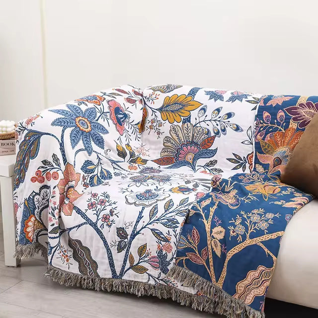 Rustic Floral Cotton Blanket with Tassels — Jacquard 100% Cotton 3