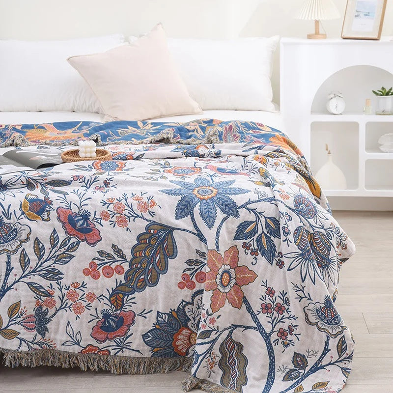 Rustic Floral Cotton Blanket with Tassels — Jacquard 100% Cotton 8