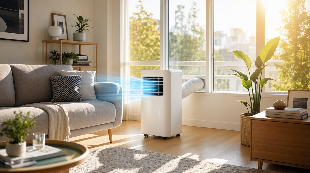 Portable airco in een lichte zomerse woonkamer