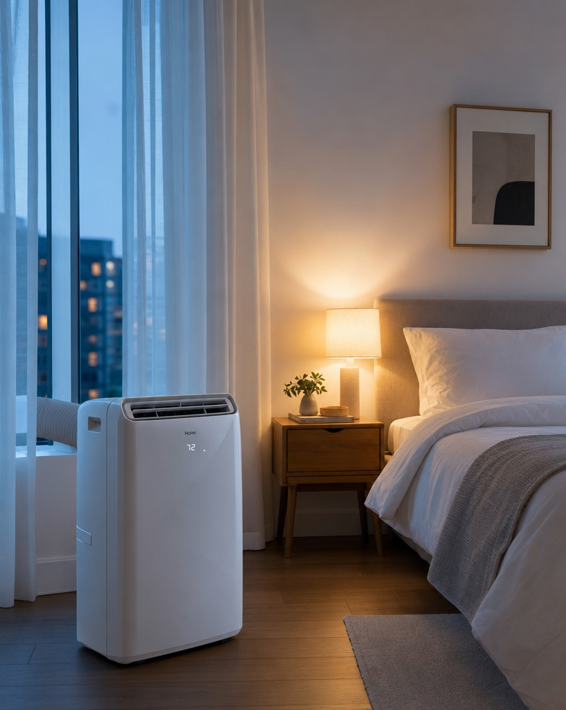 Portable airco die een slaapkamer koelt op een zomeravond