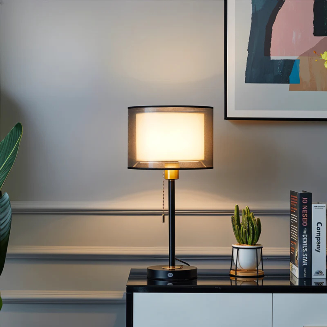 Vintage Table Lamp — Double Fabric Shade Warm Ambient LED 3