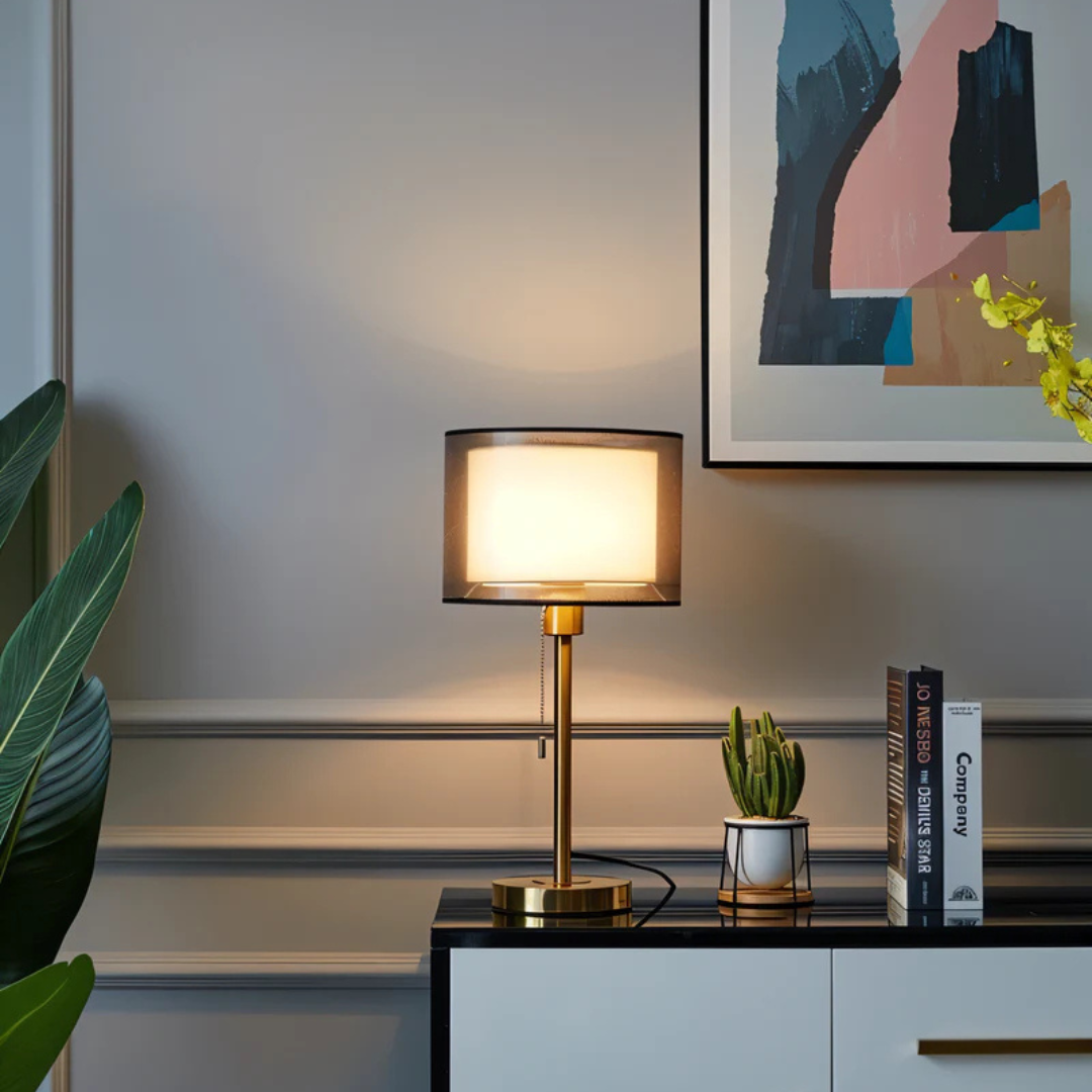 Vintage Table Lamp — Double Fabric Shade Warm Ambient LED 5