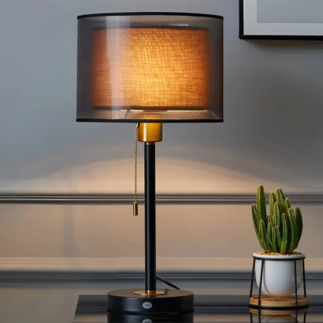 Vintage Table Lamp — Double Fabric Shade Warm Ambient LED 1