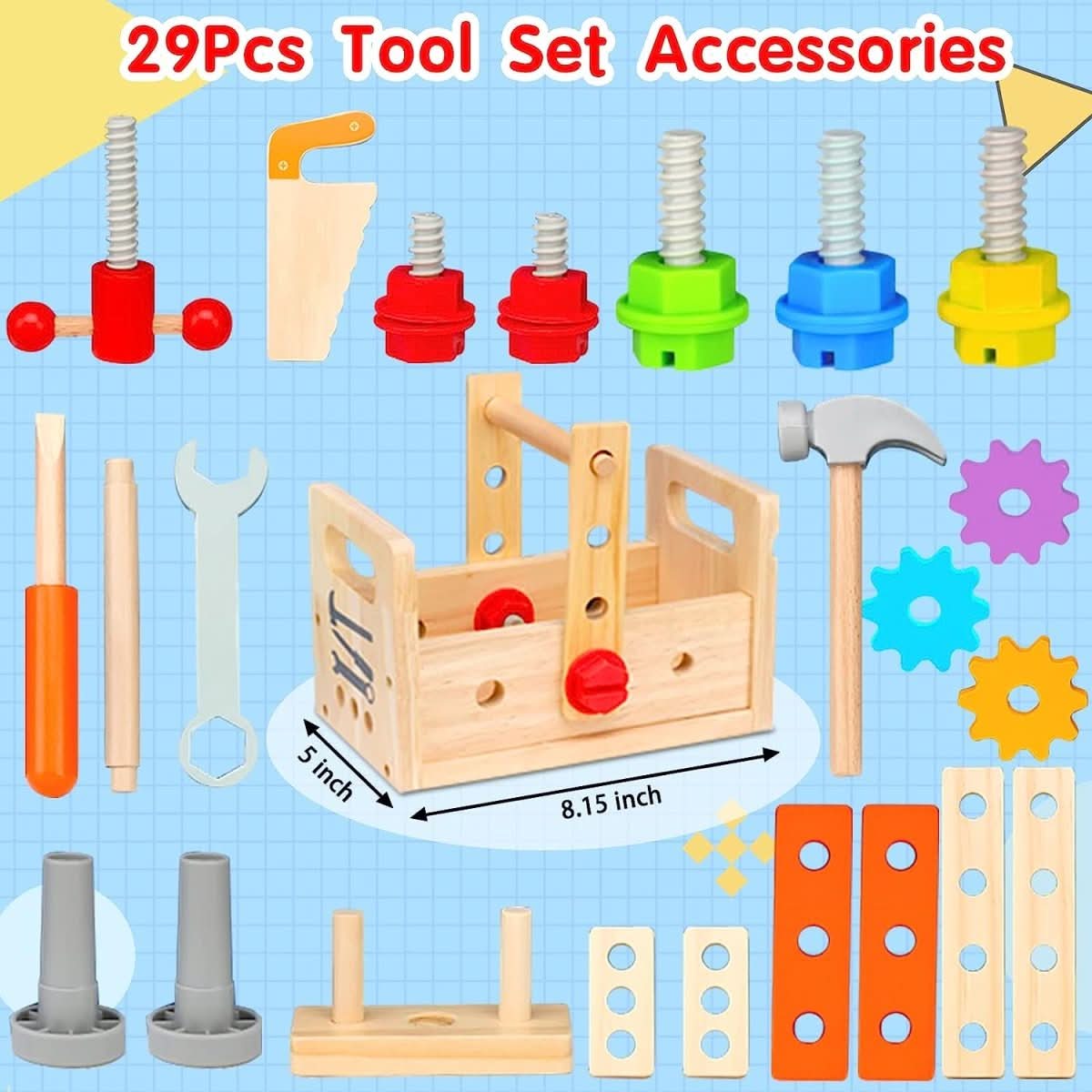 Wooden Toy Toolbox for Kids — 29-Piece Creative Play Set 3